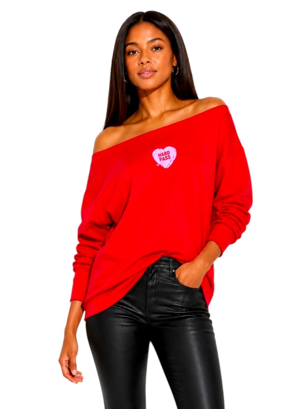 Oversized Pullover Off the Shoulder Tunic Sweatshirt w Pockets Red